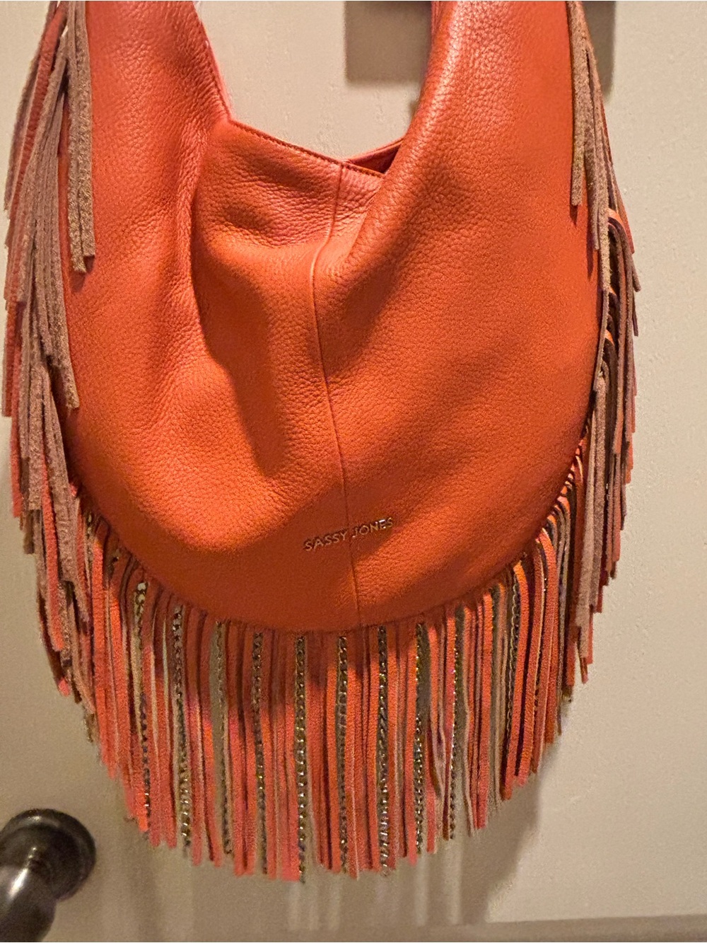 Sassy Jones Vibrant Orange Fringe Shoulder Hobo - Picture 2 of 4